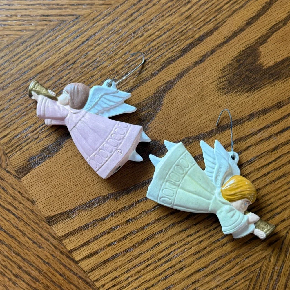 Vintage Angel Christmas Ornaments Set of 2 Pink Cream Trumpet Celestial Decor